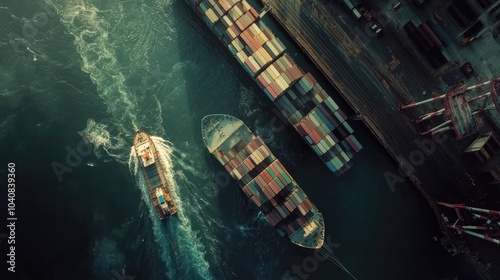 Aerial View of Cargo Ship Maneuvering in Port