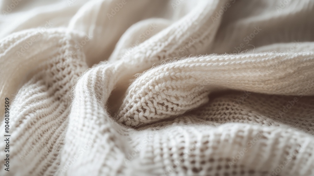Close-up of soft, white knitted fabric with a textured pattern, creating a warm and cozy background. Close-up of soft, white knitted fabric with a textured pattern, creating a warm and cozy background.