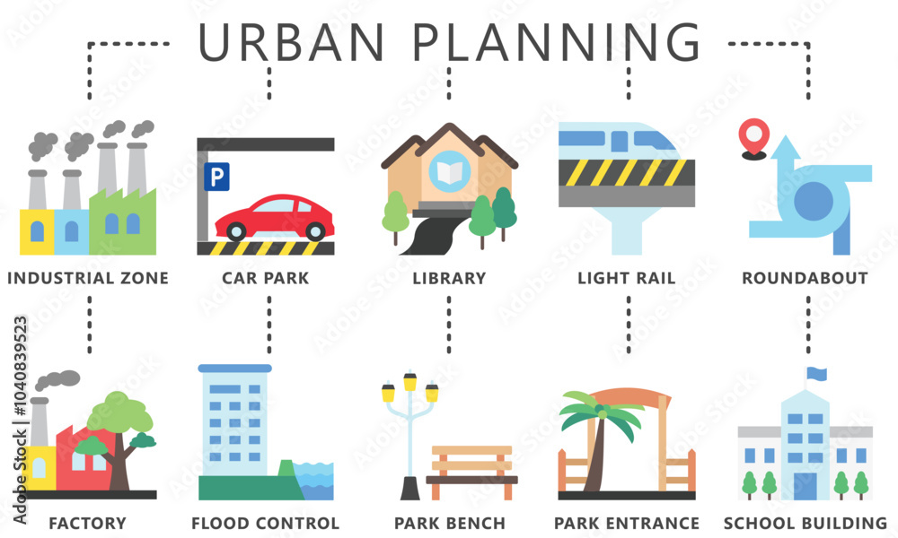 Urban planning flat multi color icons set. contain factory, car park, library, bench, park entrance, rail, flood control and more. Vector EPS 10 for UI, UX kit, web and app, environment, industry. Urban planning flat multi color icons set. contain factory, car park, library, bench, park entrance, rail, flood control and more. Vector EPS 10 for UI, UX kit, web and app, environment, industry.