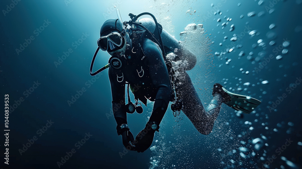 Diver exploring underwater depths, surrounded by bubbles and blue water, showcasing beauty of marine life and thrill of diving Diver exploring underwater depths, surrounded by bubbles and blue water, showcasing beauty of marine life and thrill of diving