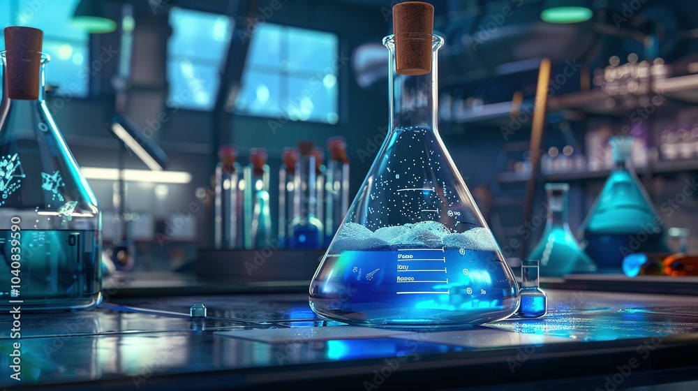 Flask and Tube Setup Underneath a Blue Banner in a Science Lab Flask and Tube Setup Underneath a Blue Banner in a Science Lab