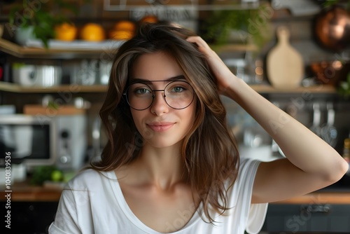 A beautiful young woman wearing glasses in a kitchen