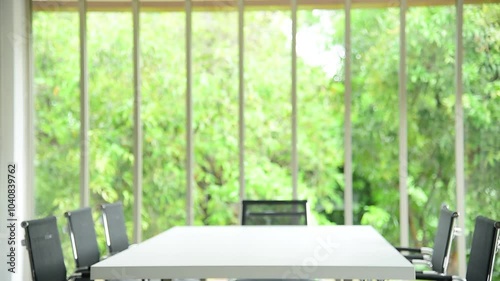 Office meeting board room no people Empty with eco green view natural. Conference room office for shareholder team. White wood table black chair funiture green background. 