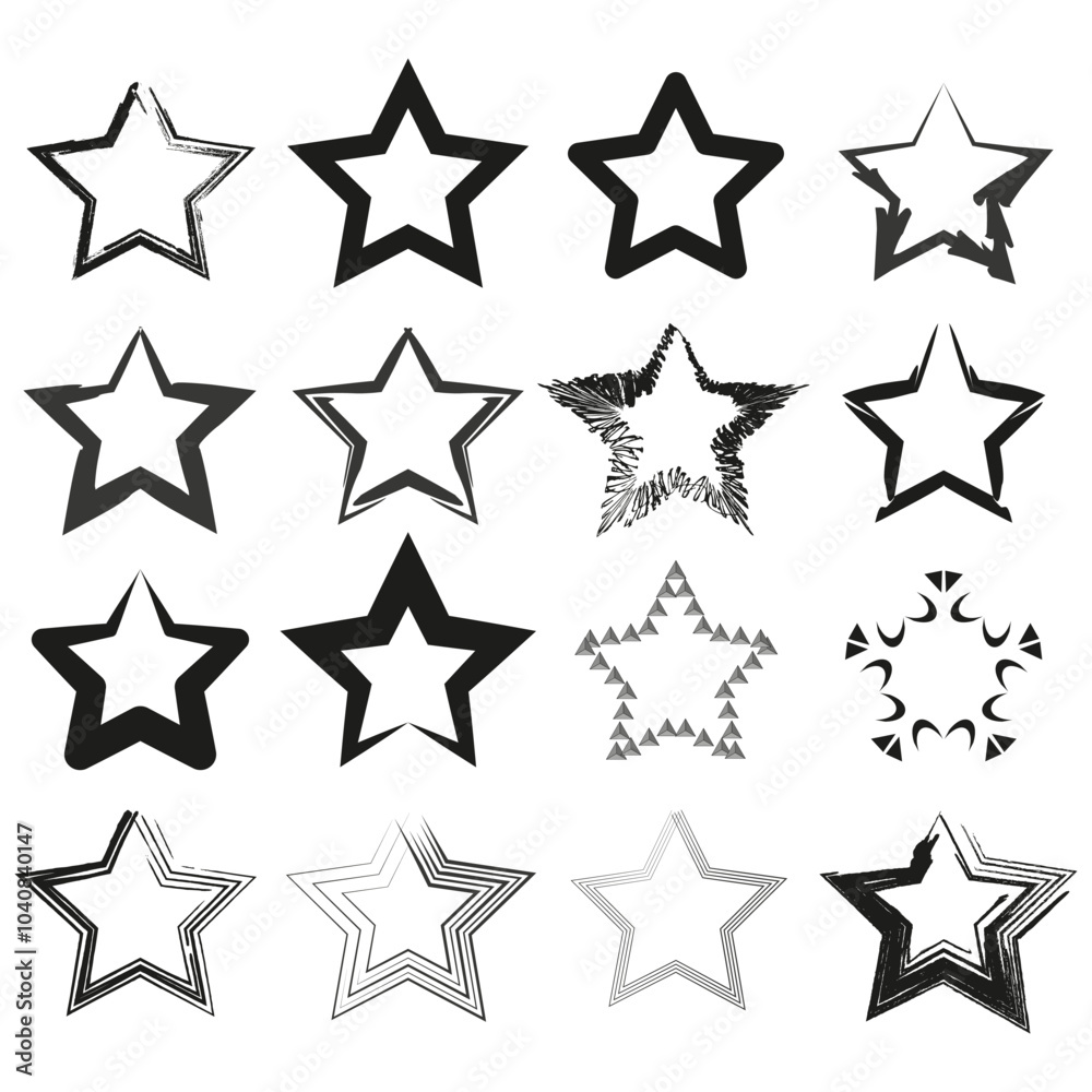 Varied star outlines. Abstract star icons. Black and white shapes. Geometric star designs. Varied star outlines. Abstract star icons. Black and white shapes. Geometric star designs.