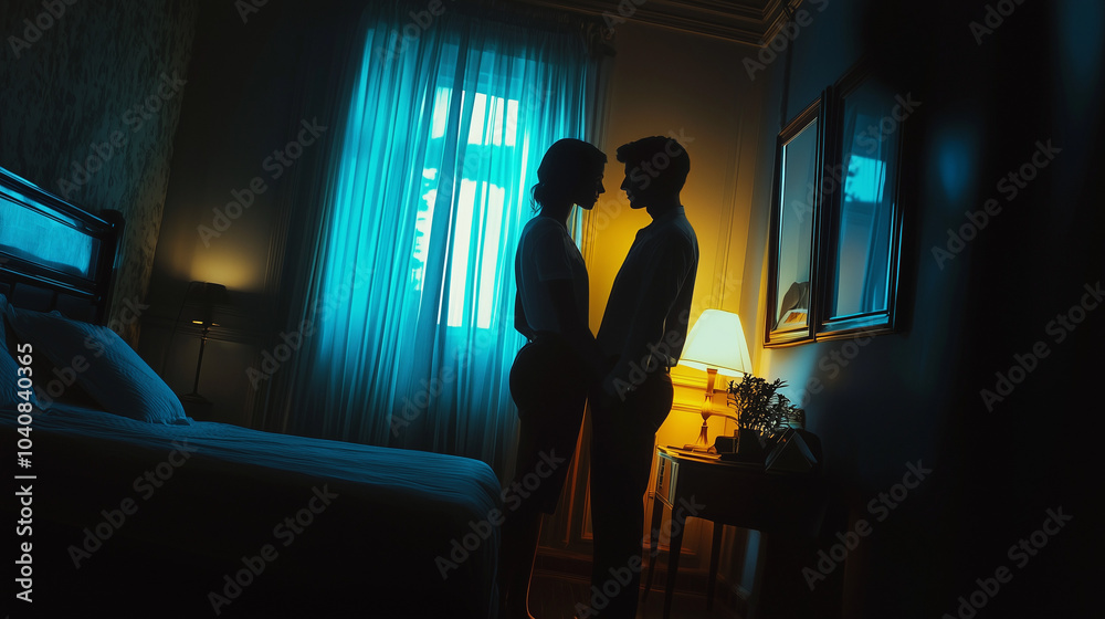 A man and a woman have a secret rendezvous in a hotel room