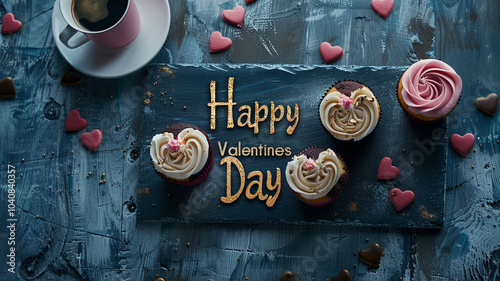 Overhead view of happy valentines day text on writing slate by cupcakes and coffee cup on table. love and valentine greeting with copy space