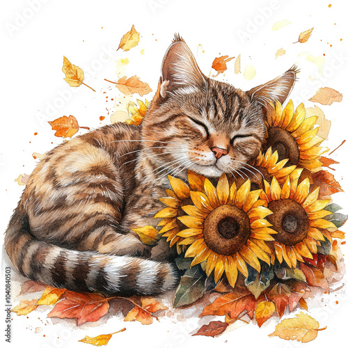 Cute cat beside bright sunflowers in autumn