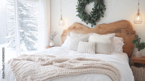 A farmhouse bedroom decorated for winter, featuring a bed with a chunky knit blanket, flannel pillows, a rustic wooden headboard, and a wreath of dried eucalyptus hanging above the bed. photo