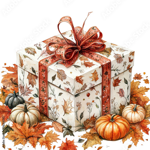 Beautifully wrapped gift box in autumn-themed design