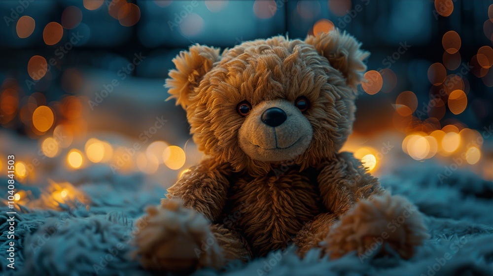 Cute Teddy Bear Sitting on a Fuzzy Blanket with Warm Lights Cute Teddy Bear Sitting on a Fuzzy Blanket with Warm Lights