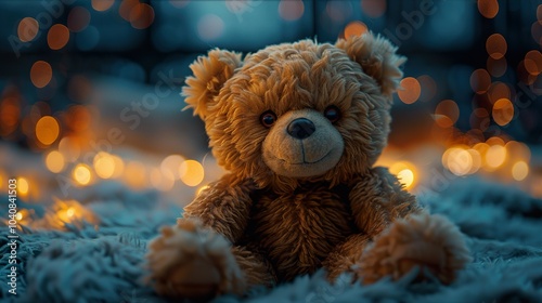 Cute Teddy Bear Sitting on a Fuzzy Blanket with Warm Lights