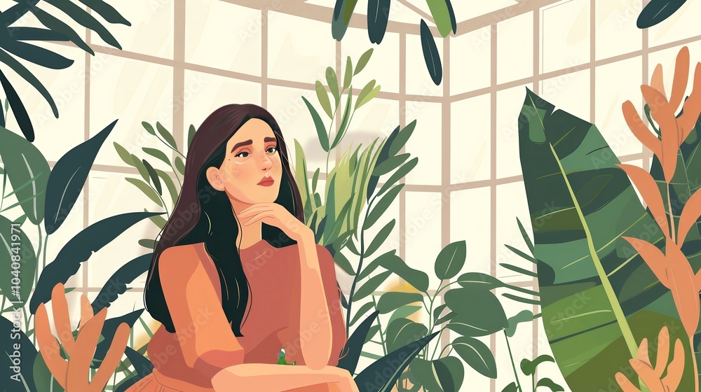 Woman Sitting in a Greenhouse with Plants Woman Sitting in a Greenhouse with Plants