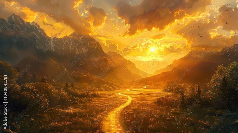 Obraz premium Golden Sunset Valley, glowing river, majestic mountains, vibrant sky, tranquil landscape, serene ambiance, nature's grandeur.