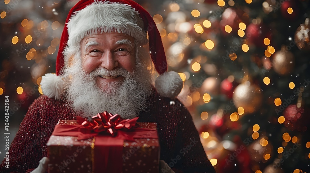 Portrait of Santa Claus holding a large red gift box smiling warmly with a festive background of twinkling lights and holiday copy space for text Portrait of Santa Claus holding a large red gift box smiling warmly with a festive background of twinkling lights and holiday copy space for text