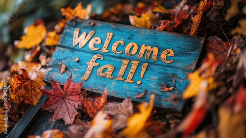 A wooden decor sign that says Welcome fall in autumn leave photo