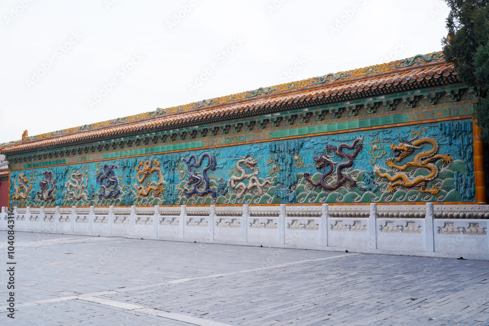 Obraz premium Chinese glazed tile dragon sculpture，Kowloon Wall in Beihai Park, China，The nine dragon walls of beihai park
