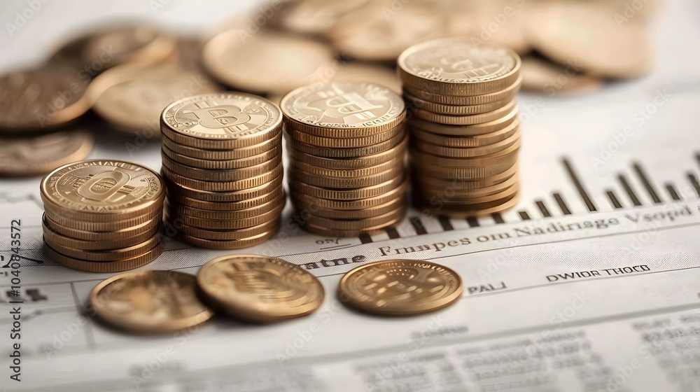Stacked coins on top of a financial document with upward pointing arrows symbolizing financial growth investment success and prosperity Stacked coins on top of a financial document with upward pointing arrows symbolizing financial growth investment success and prosperity