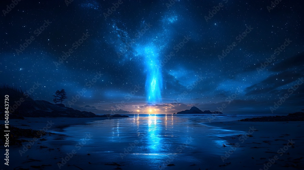 Captivating image of a comet streaking across the night sky its brilliant light reflecting on the calm serene ocean surface creating a mesmerizing and magical scene