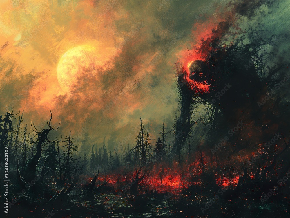 Fototapeta premium Burning Forest with a Giant Creature and a Blood Moon