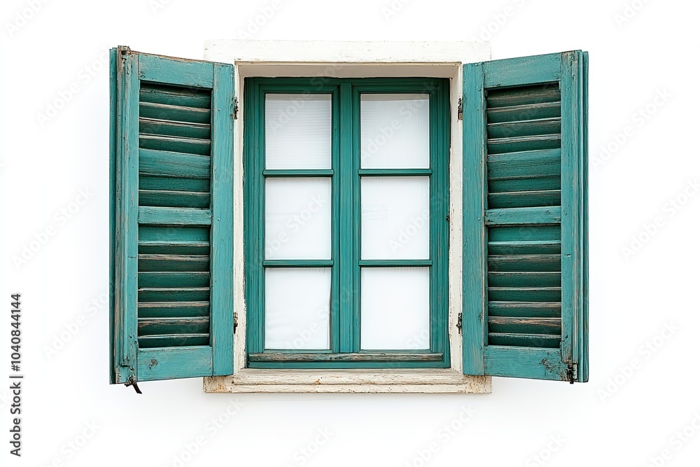 Fototapeta premium open window with green wooden shutters on white background