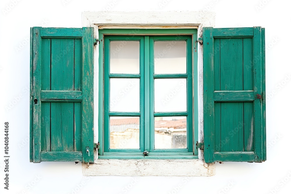 open window with green wooden shutters on white background open window with green wooden shutters on white background