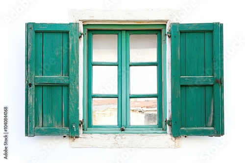 open window with green wooden shutters on white background