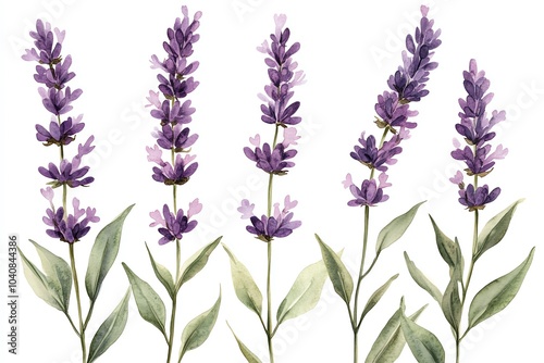 Five watercolor lavender sprigs with purple flowers and green leaves on a white background.