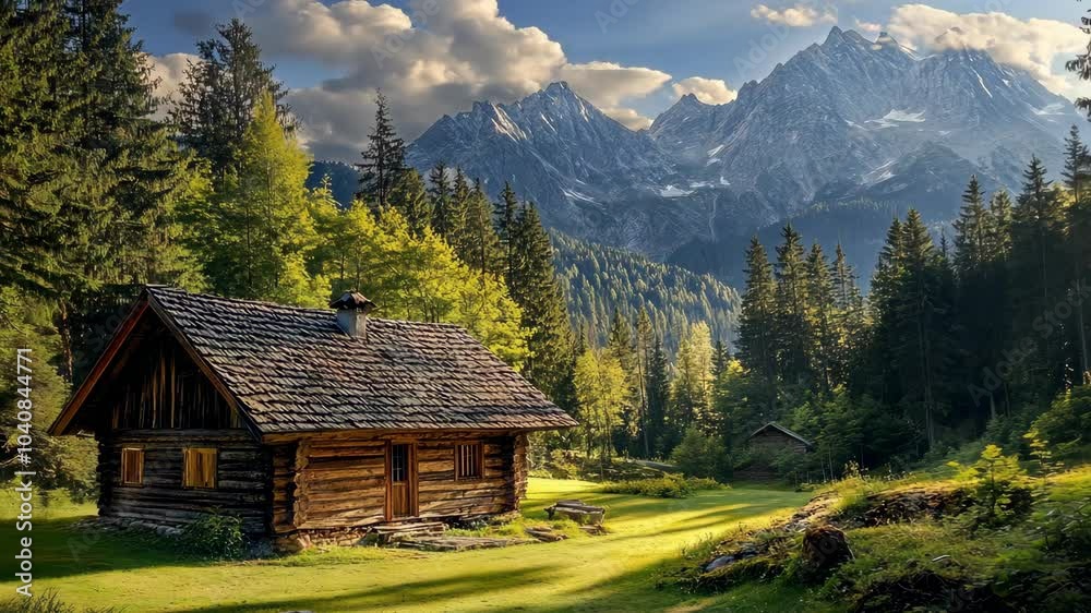 A small wooden cabin sits in a clearing, surrounded by tall trees and snow-capped mountains in the distance A small wooden cabin sits in a clearing, surrounded by tall trees and snow-capped mountains in the distance