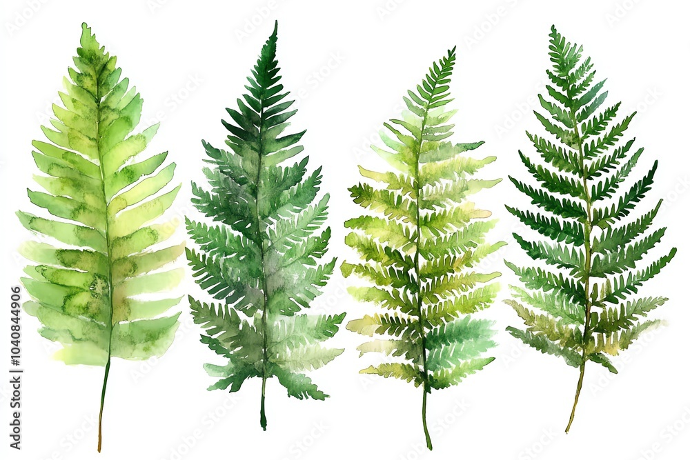 Four watercolor illustrations of green fern leaves on a white background. Four watercolor illustrations of green fern leaves on a white background.