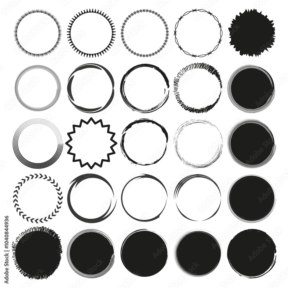 Varied circle borders. Black and white ring shapes. Geometric and grunge designs. Abstract round icons. Varied circle borders. Black and white ring shapes. Geometric and grunge designs. Abstract round icons.