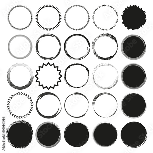 Varied circle borders. Black and white ring shapes. Geometric and grunge designs. Abstract round icons.