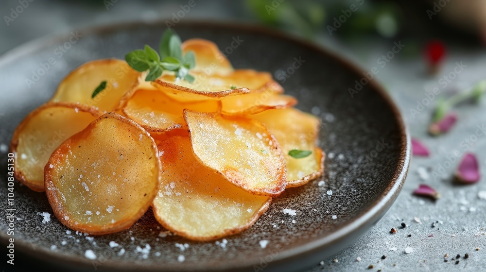 Potato chip in black plate Potato chip in black plate