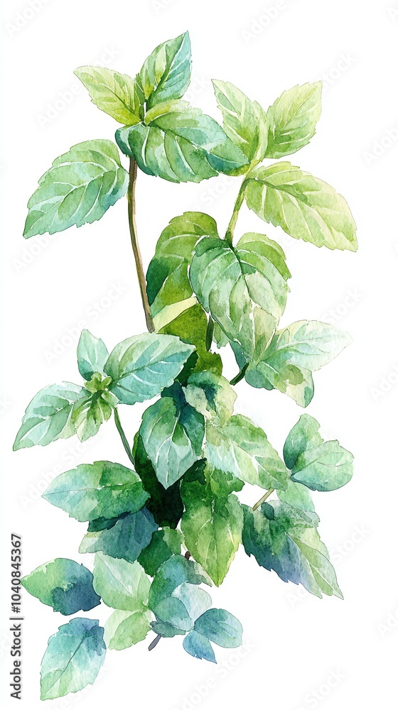 Watercolor illustration of a sprig of fresh mint with green leaves on a white background. Watercolor illustration of a sprig of fresh mint with green leaves on a white background.