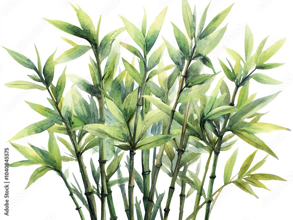 Obraz premium Watercolor painting of a cluster of green bamboo stalks with leaves against a white background.