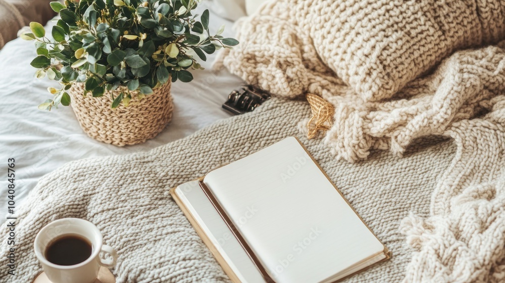 A cozy and inviting bedroom scene with a cup of coffee, a blanket, a book, and a plant. A cozy and inviting bedroom scene with a cup of coffee, a blanket, a book, and a plant.