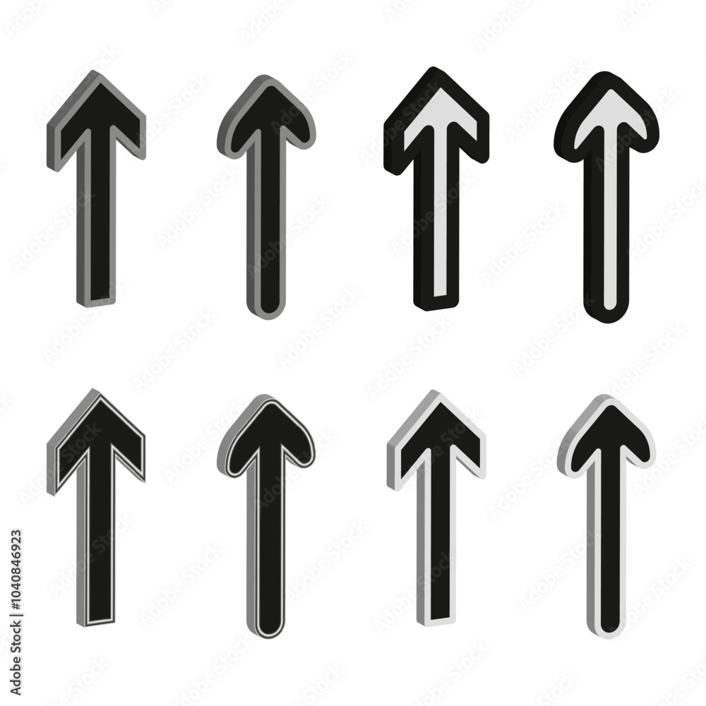 Arrow icon collection. Black and white arrows. Vector direction symbols. 3D arrow graphics. Arrow icon collection. Black and white arrows. Vector direction symbols. 3D arrow graphics.