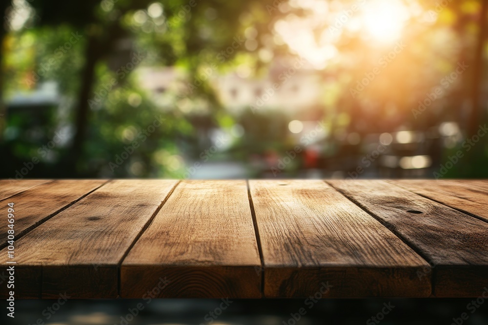 Wooden table top with a blurred background of green trees and sunlight. Wooden table top with a blurred background of green trees and sunlight.