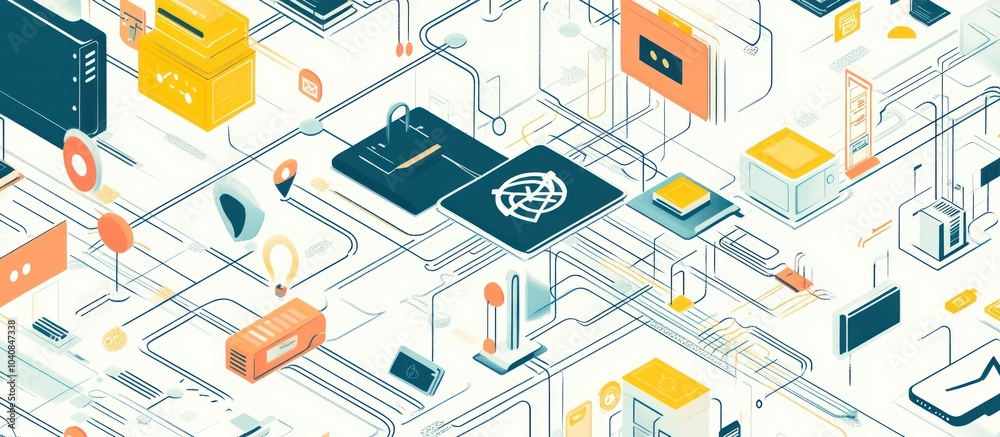 Abstract isometric illustration of a complex network system with various interconnected elements, including computers, servers, data storage, and other technological components. Abstract isometric illustration of a complex network system with various interconnected elements, including computers, servers, data storage, and other technological components.