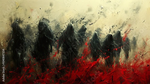 Shadowy Figures in a Blood-Stained Mist: A Haunting Abstract Painting