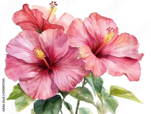 Watercolor painting of three pink hibiscus flowers with green leaves. (1) photo