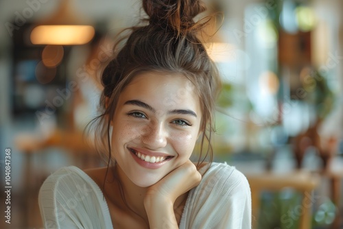 A woman sitting at a table with a smile on her face