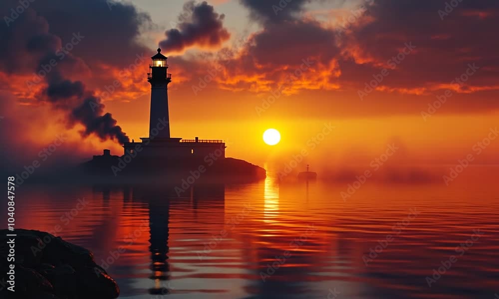 A silhouette of a lighthouse on a small island at sunrise, with the sun rising behind it, reflecting on the water. A silhouette of a lighthouse on a small island at sunrise, with the sun rising behind it, reflecting on the water.