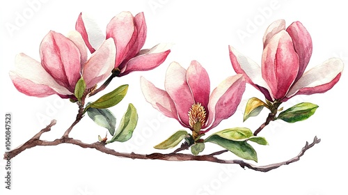 Watercolor painting of pink magnolia blossoms on a branch with green leaves.