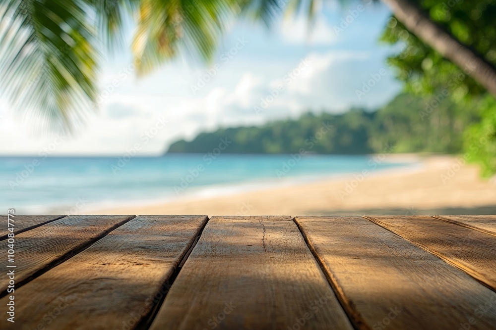 Fototapeta premium Wooden table top with a blurry background of tropical beach, ocean, and palm trees.