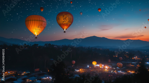 Taunggyi Balloon Festival, traditional balloons with unique carvings and flashing lights, flying above the mountains, the clear sky studded with stars adds to the beauty, Ai generated images photo