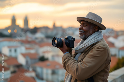 Photographer is capturing the beauty of lisbon at sunset, with the cityscape as a backdrop