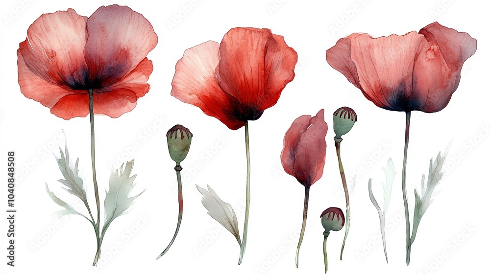 Naklejka premium Watercolor painting of red poppies with buds and leaves isolated on white background.