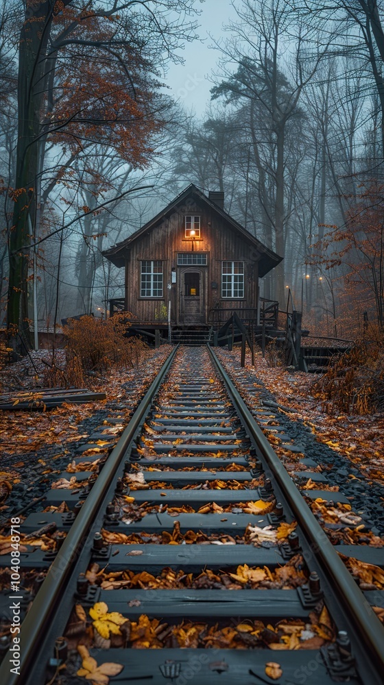 Autumnal Forest Cabin on a Foggy Railway Track
