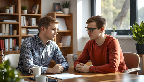 A caring New Zealand psychologist supports a troubled teenage boy during therapy, helping him navigate feelings of guilt and depression in a warm, inviting office environment