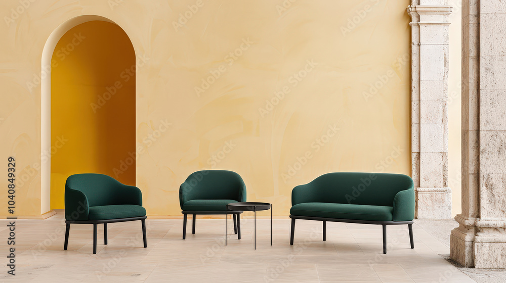 Fototapeta premium Modern soft turquoise sofas create stylish seating area against light yellow wall, enhancing contemporary aesthetic of space